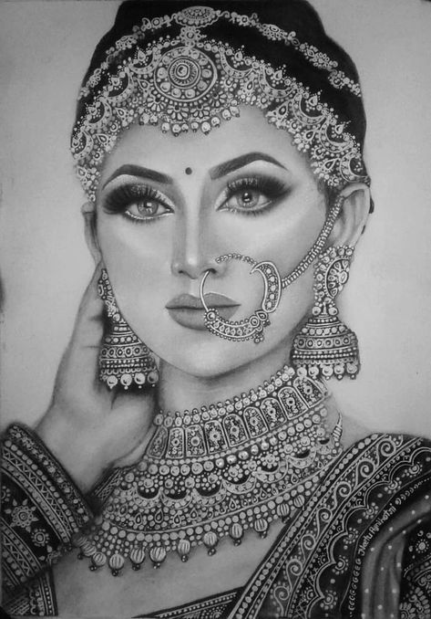 Indian Bride Sketch Pencil, Dulhan Mandala Art Drawing, Dulhan Drawing Pencil, Bride Sketch Art, Dulhan Sketch Pencil, Asthetic Paintings Dark Easy, Bride Face Drawing, Indian Drawing Ideas, Dulhan Drawing