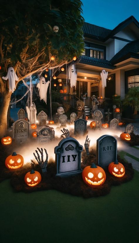 Graveyard Decorations Halloween, Halloween Tree Decorations Outdoor, Graveyard Halloween Decorations, Outdoor Halloween Decor Front Yards, Halloween Graveyard Ideas, Halloween Front Yard, Halloween Graveyard Decorations, Halloween Exterior, Beetlejuice 2024