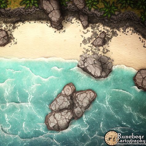 Boulder Beach Battlemap! Tropical environments are some of my favorite places to adventure in D&D. What memories of tropical adventures do you have? . . . #dnd #battlemaps #dungeonsanddragons #dndmaps #fantasymaps #cartography #dnd5e #criticalrole #dndbeyond #roll20 Dnd Beach Map, Dnd Island Map, Beach Battlemap, Boulder Beach, Dnd Maps, Island Map, D D Maps, Bouldering, Dungeons And Dragons