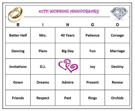 40th  Anniversary Party Bingo Game (60 Cards)  Anniversary and Wedding Themed Bingo Words -Very Fun! Wedding Anniversary Party Games, 10th Wedding Anniversary Party, 60th Wedding Anniversary Party, Golden Anniversary Party, Wedding Bingo, 60th Anniversary Parties, Bingo Patterns, Anniversary Party Games, 25th Wedding Anniversary Party