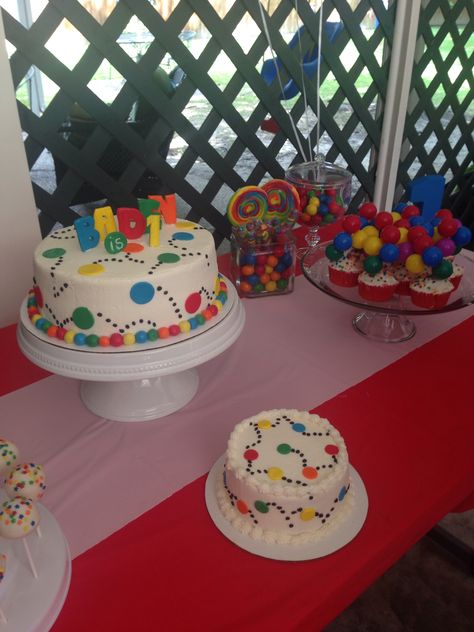 "Have a Ball" birthday theme Let’s Have A Ball Cake, Ball Themed Party Food, Its A Ball To Be Two Party, It’s A Ball To Be Two, Let’s Have A Ball Birthday Party, Ball Birthday Theme, Ball Themed Cake, Bouncy Ball Birthday, Ball Birthday Cake