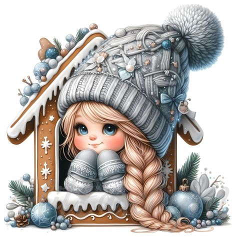 Add a touch of winter magic to your projects with this adorable Winter Girl Gnome clipart. Nestled inside a charming gingerbread house, this gnome wears a cozy gray hat adorned with snowflakes and holiday decorations. Perfect for Christmas-themed crafts, winter greeting cards, and festive decor, this high-quality illustration brings the whimsical charm of Scandinavian design to life. Whether you're creating for personal or commercial use, this cute gnome clipart will surely delight and inspire! Gnomes Noel, Crafts Winter, Gnome Art, Christmas Clip Art, Girl Gnome, Winter Magic, Winter Girls, Christmas Makes, Themed Crafts