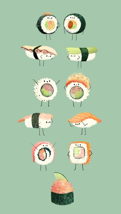 Cartoon Sushi, Sushi Drawing, Friends Drawing, Cute Food Wallpaper, Drawing Brush, Types Of Sushi, 귀여운 음식 그림, Bff Drawings, Sushi Art