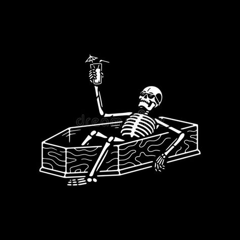 RESTING SKELETON WITH COCKTAIL IN A COFFIN WHITE BLACK. BACKGROUND stock illustration Skeleton Pics, White Black Background, Coffin Tattoo, Skeleton Artwork, Skull Hand Tattoo, Skull Sketch, Skeleton Drawings, Black And White Sketches, Skeleton Art