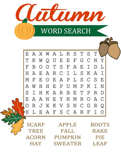 Autumn Word Search, Fall Word Search, Easy Word Search, Puzzle Printable, Kids Word Search, Word Search Puzzles Printables, Free Printable Word Searches, Free Word Search, Fall Words