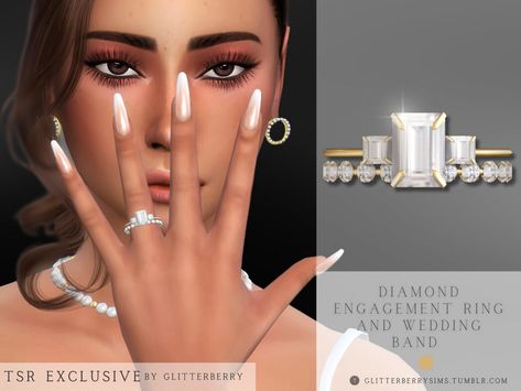 The Sims Resource - Diamond Engagement Ring and Wedding Band The Sims 4 Wedding Rings Cc, Sims 4 Engagement Party, Sims 4 Cc Wedding Rings, Sims 4 Rings, Meghan Markle Engagement, Sims 4 Wedding Dress, Ring And Wedding Band Set, Engagement Ring And Wedding Band, The Sims 4 Packs