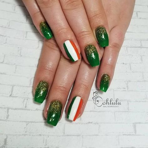 18 St Patrick's Day Nail Designs - Inspired Beauty Nail Art Vert, Irish Nails, Saint Patrick Nail, Stiletto Shaped Nails, Orange Nail Polish, St Patricks Day Nails, Green Nail Art, Nail Pen, Festive Nail Art