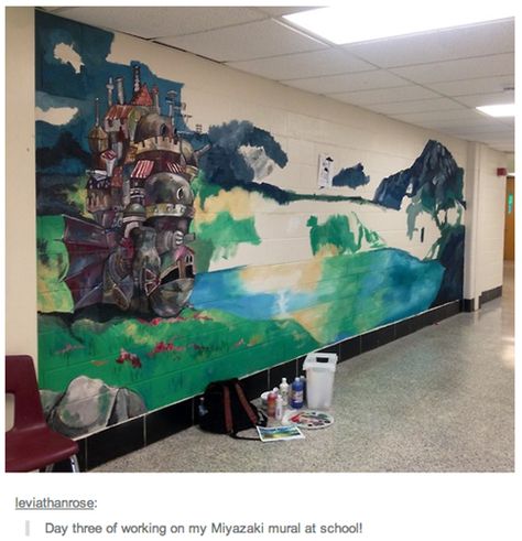 Howl's Castle Is Moving To This High School Hallway High School Hallway, Howl's Castle, Castle Mural, Twin Storage, School Hallway, Bedroom Mural, School Hallways, School Painting, Bedroom Murals