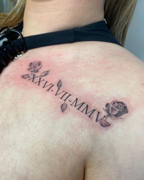 30+ Roman Numerals Tattoo Ideas for Men and Women - Tattoo Inspo Hub Rose With Numbers Tattoo, Roman Numeral Flower Tattoo, Roman Numbers Tattoo Women, Back Rose Tattoo, Nanny Tattoo, Roman Numeral Tattoo With Flowers, Roman Numeral Tattoo Font, Tattoo For My Son, Numerals Tattoo