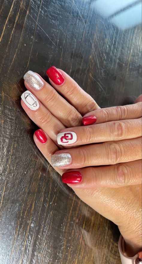 Oklahoma Sooners Nails, Ou Nails Boomer Sooner, Sooner Football, Football Nails, Boomer Sooner, University Of Oklahoma, Nail Color, Cute Nails, Oklahoma