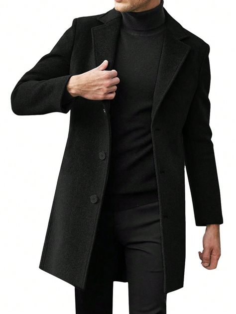 1pc Fashionable Men's Long Woolen Overcoat Black Work  Long Sleeve Woven Fabric Plain Regular Non-Stretch  Men Clothing, size features are:Bust: ,Length: ,Sleeve Length: