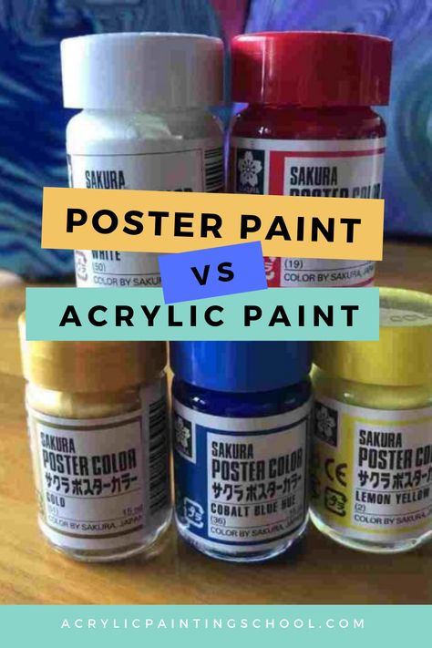 Are you wondering if you should use poster paint or acrylic paint for your art? Then head over to the blog to check out this post where we’ll look at the pros and cons of each type of paint and help you decide which is right for you. How To Use Acrylic Paint, Type Of Paint, Painting School, Poster Paint, Acrylic Painting Tips, Water Based Paint, Poster Colour, Types Of Painting, Beginner Painting