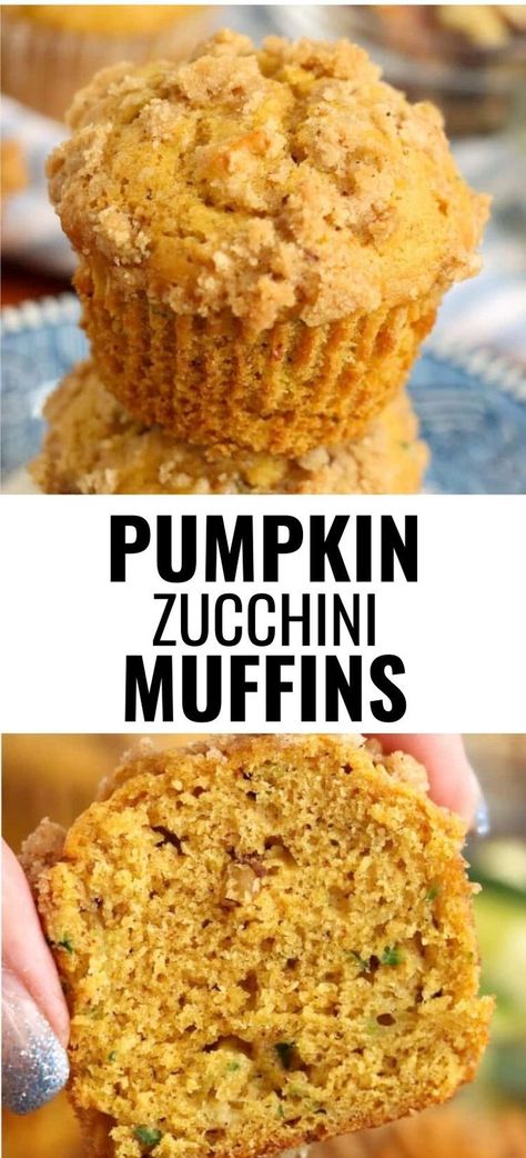 Collage of closeup shot of pumpkin zucchini muffin at top and closeup shot of hand holding half a pumpkin zucchini muffin at bottom. Walnut Zucchini Muffins, Keto Pumpkin Zucchini Muffins, Pumpkin Zucchini Recipes, Baking With Zucchini, Zuchini Baking Recipes, Pumpkin Zucchini Muffins, Pumpkin Zucchini Bread, Pumpkin Zucchini, Thanksgiving Tea