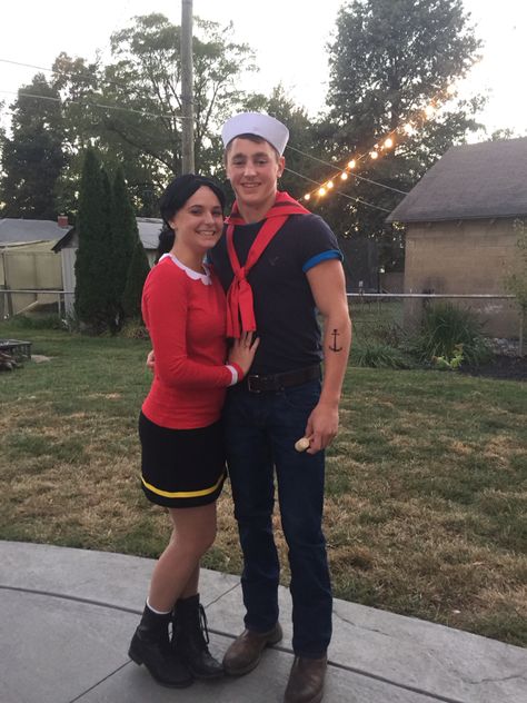 Popeye and Olive Oil couples costumes. Easy. Put together in less than a week. Popeyes Costume, Popeye And Olive Oil Costume Couple, Popeye And Olive Oil Costume, Olive Oil Costume, Couples Costumes Easy, Popeye And Olive Oil, Funny Couple Costumes, Popeye And Olive, Unique Couple Halloween Costumes