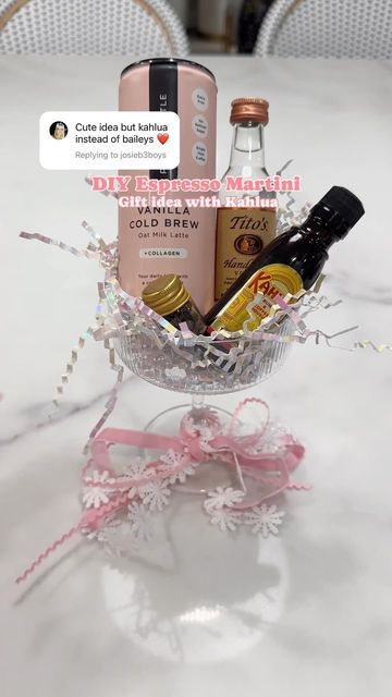 Amber Capps on Instagram: "A make your own espresso martini with kahulua!  I know there are a lot of variations out there + you can personalize your gift however you would like!   For this version, I added some pink and white ribbon to the stem of the glass, used a vanilla cold brew canned coffee, vodka, Kahlua and a small jar of espresso beans!  . . . .  gift idea // gift ideas // gift idea for her // birthday gift idea // espresso martini #espressomartini #espresso #giftideas #giftideasforher #amazongiftideas #amazongiftideas #birthdaygifts #martinicocktail #giftsforher #easygiftideas #coupeglass #amazonfinds" Expresso Martini Gift Ideas, Espresso Martini Gift Ideas, Espresso Martini Gift Basket Ideas, Espresso Martini Gift Basket, Martini Gift Basket, Martini Gift Ideas, Vanilla Cold Brew, Coffee Vodka, Canned Coffee