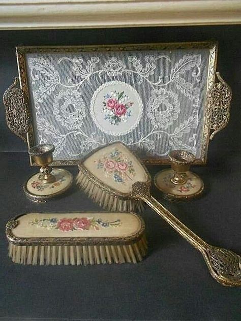 Romantic Antique Vanity Set, Dresser Accessories, Candle Stick Holders, Vintage Dressing Tables, Antique Vanity, Shabby Chic Dresser, Vintage Brush, Vanity Accessories, Dresser Sets