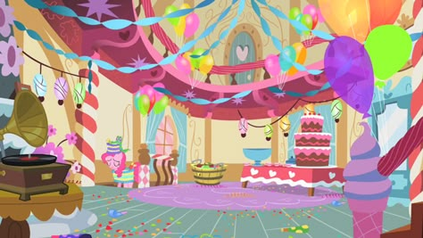 Pinkie Pie and her party room Pinkie Pie Edit, Pinkie Pie Smile, Mlp Scenes, Mlp Backgrounds, Pinkie Pie Party, Mlp Background, Mlp References, Pony Base, Project Theme