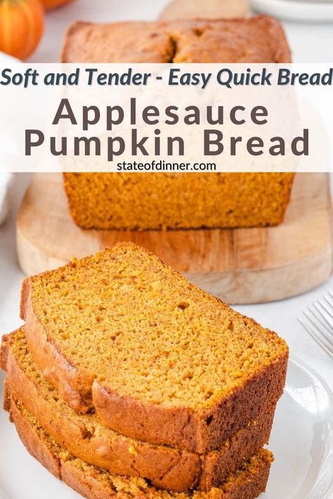 This soft and tender applesauce pumpkin bread is full of comforting fall spices. You won't believe that it has less fat and calories than your traditional pumpkin quick bread because it tastes so delicious! They are also fantastic as pumpkin muffins, and can even be frozen for an easy make-ahead breakfast! It is also a delicious addition to Thanksgiving breakfast or your holiday brunch buffet! Pumpkin Bread With Applesauce, Brunch Recipies, Moldy Bread, Air Fryer Dinners, Applesauce Bread, Healthy Pumpkin Bread, Pumpkin Spice Bread, Thanksgiving Breakfast, Moist Pumpkin Bread