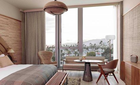 The Proper Hotel group opens in Santa Monica | Wallpaper* Santa Monica Proper Hotel, Travertine Shower, Proper Hotel, Luxury Hotel Room, Queen Room, How To Dress A Bed, Kelly Wearstler, Floor To Ceiling Windows, Ceiling Windows