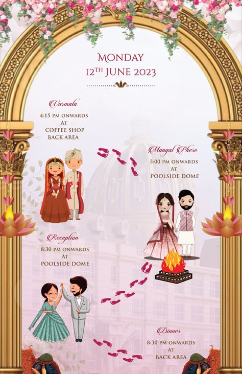 wedding itinary Room Itinerary For Wedding, Indian Wedding Itinerary Template, Indian Wedding Itinerary, Groom Cartoon, Stationary Packaging, Bride And Groom Cartoon, Wedding Itinerary Template, Itinerary Design, Wedding Itinerary