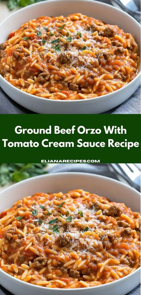 Need a simple yet delicious dinner idea? This Ground Beef Orzo With Tomato Cream Sauce is an easy one-pot dish that brings warmth and satisfaction to the table, ideal for family gatherings. Beef Orzo, Creamy Ground Beef, Quick Ground Beef Recipes, Ground Recipes, Cream Sauce Recipe, Tomato Cream Sauce, Creamy Pasta Dishes, Recipe For Dinner, Orzo Recipes