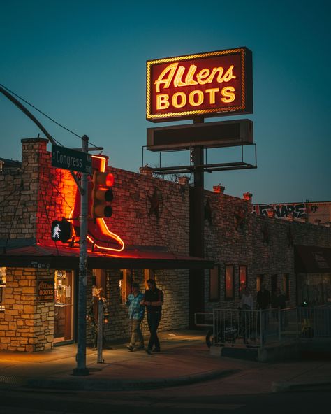 Allens Boots vintage sign at night, Austin, Texas Austin Tx Aesthetic, Texas Bar, Rail Transport, Boots Vintage, White Car, Hotel Motel, Posters Framed, City Car, Side Jobs