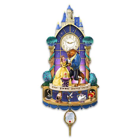 PRICES MAY VARY. Celebrate a love for all time with the Disney Beauty and the Beast Happily Ever After Wall Clock, an original design from The Bradford Exchange The colors, characters and romance of Belle and Beast's big ballroom moment are recreated on this castle-shaped wall clock with vivid detail and emotion in three breathtaking dimensions Lights! Motion! Music! At the top of each hour, the clock plays a beloved melody from the movie while the starry night sky in the castle window lights up