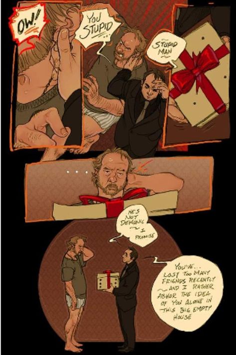 Crowley gives Bobby a puppy Bobby X Crowley, Supernatural Bobby, Supernatural Jokes, Supernatural Cartoon, Supernatural Ships, Supernatural Comic, Then There Were None, Supernatural Art, Be Silly