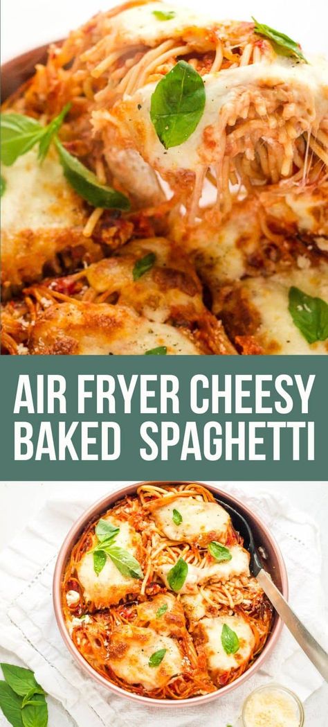 A cheesy, comforting spaghetti bake made easily in your air fryer! If your air fryer can fit a cake pan in it, this baked spaghetti will work perfectly for you! Make it with a freshly cooked batch of spaghetti or with leftover spaghetti, this is a flexible recipe that be made to suit your tastes. Spaghetti In Air Fryer, Spaghetti Air Fryer, Air Fryer Pasta Bake, Pasta Air Fryer Recipes, Air Fryer Pasta Recipes, Speggetti Squash Air Fryer, Spaghetti Squash Air Fryer Recipes, Pasta In Air Fryer, Air Fried Spaghetti Squash