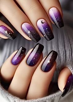 Purple And Black Nails Ideas, Character Nails, Nail Art Simple, Galaxy Nail Art, Witchy Nails, Punk Nails, Galaxy Nails, Finger Nails, Winter Nail Designs