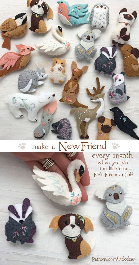 Felt Crafts Animals, Felt Embroidery Animals, Free Felt Animal Patterns, Felt Animal Ornaments, Felt Animal, Felt Patterns Free Printables, Felt Embroidery Projects, Felt Stuffed Animals, Mini Felt Animals