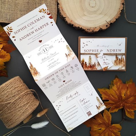 Autumn Forest wedding invitations entwine style with rustic charm featuring a woodland in the fall with burnt oranges complete with concertina wedding invitation, personalised tag, rustic twine and a choice of envelopes. Please use this link to view matching stationery: https://www.etsy.com/uk/shop/SiennaMaiInvitations?search_query=autumn+forest ♥ Other languages We can print your wording in other languages. Please provide your wording in the language you would like printed. ♥ Personalising your Autumn Forest Wedding, Luxury Wedding Invites, Free Wedding Invitation Samples, Woodland Wedding Invitations, Forest Wedding Invitations, Free Wedding Invitations, Wedding Invitation Samples, Handmade Wedding Invitations, Fall Wedding Invitations