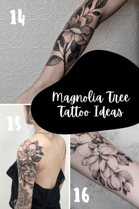 Magnolias are one of the most captivating flowers in the world! Here are a few of our favorite Magnolia Flower tattoo ideas that are full of beauty. Magnolia Tattoo Blackwork, Color Magnolia Tattoo, Magnolia Bouquet Tattoo, Magnolia Leaves Tattoo, Magnolia Wrist Tattoo, Magnolia Tree Tattoo Sleeve, Magnolia Arm Tattoo, Magnolia Shoulder Tattoo, Fine Line Magnolia Tattoo