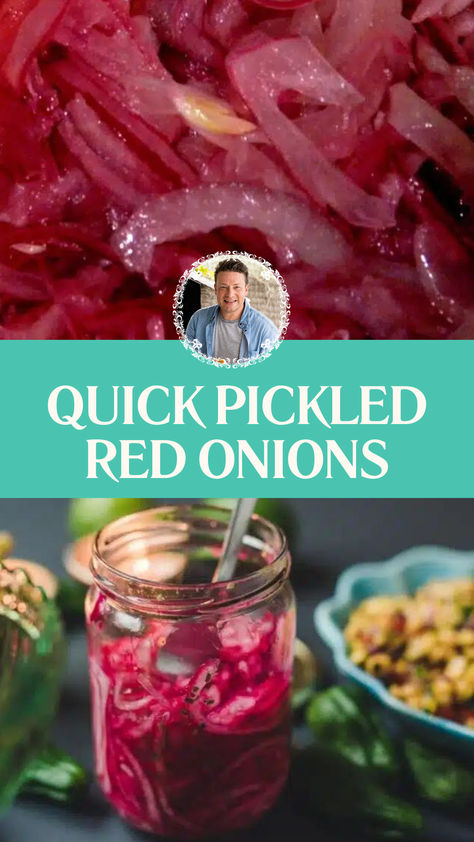 Jamie Oliver Quick Pickled Red Onions Red Onion Pickled, Pickled Sweet Peppers, Pickled Corn, Red Onion Recipes, Quick Pickled Red Onions, Quick Pickled Onions, Jalapeno Pepper, Quick Pickled, Jamie Oliver Recipes