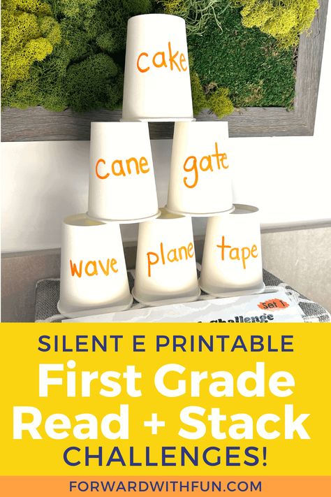 Silly Silent E Games - First Grade Cup Stacking Challenges New Words In English, Consonant Blends Activities, Silent E Words, Cup Stacking, Cups Writing, Magic E Words, Blends Activities, Holiday Science, Silent E