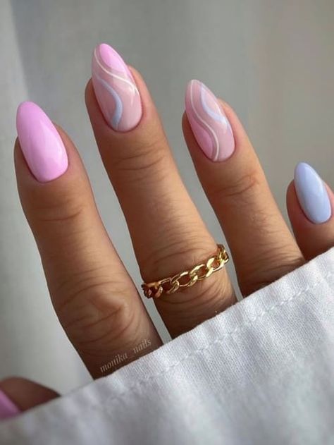 19 Egg-cellent Easter Nail Designs So Cute for Spring | The KA Edit Baby Blue And Baby Pink Nails, Pink And Blue Nails Short, Pink And Blue Nail Ideas, Baby Blue And Pink Nails, Blue And Pink Nail Designs, Pastel Pink Nail Designs, Nails Short French Tip, Pink Swirl Nails, Easter Egg Nails