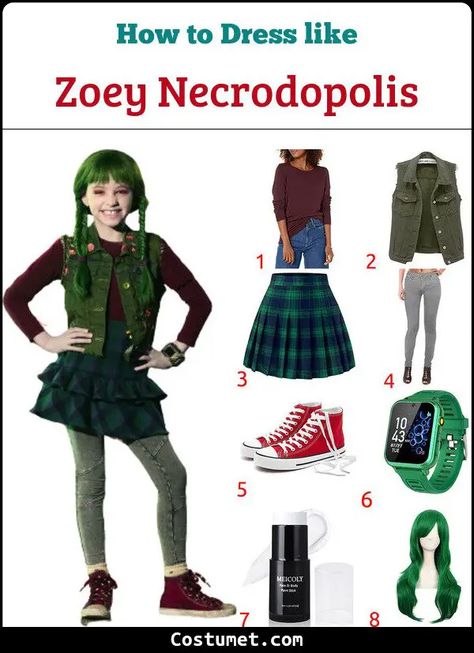 Zoey Necrodopolis (Zombies) Costume for Cosplay & Halloween 2023 Zombies Movie Costume, Willa Zombies 2 Costume, Zombies Disney Costume, Zombies 2 Costumes, Disney Zombies Costumes, Zoey Zombies, Green Hair Costume Ideas, Cute Zombie Costume, Zombie Outfit Ideas