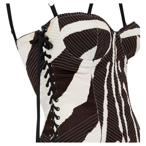 This dress is from Dolce & Gabbana's highly glamorous main line circa 2003. Flaunting many of the fashion house's beloved signature details, we love the underwear-as-outerwear design and sensuous lace-up sides. Tailored from smooth silk with a hint of stretch, it is printed all over with a zebra print design in off-white and darkest brown. The top forms a bustier and is held up by adjustable bra-like straps. The sides of the dress are detailed with black eyelets interwoven with black laces. The 2024 Fits, Jersey Evening Dress, Silk Corset, Ny Outfits, Dolce And Gabbana Handbags, Oc Outfits, New Look Fashion, Zebra Print Dress, Adjustable Bra