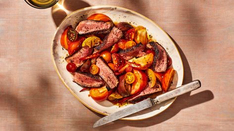 Steak With Preserved-Lemon-Marinated Tomatoes Heirloom Tomato Salad, Marinated Tomatoes, Preserved Lemon, Tomatoes Recipe, Savory Food, Seared Steak, Perfect Steak, Preserved Lemons, Bon Appetite