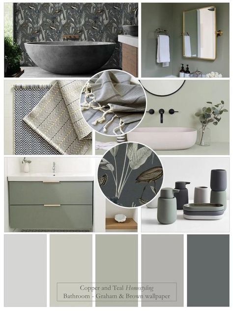 Grey Bathroom Palette, Olive And Grey Bathroom, Grey And Neutral Bathroom, Grey Bathroom Colour Schemes, What Colours Go With Grey Bathrooms, Colours That Go With Silver, Green And Grey Bathroom Decor, Olive Green And Grey Bathroom, Green Bathroom Palette