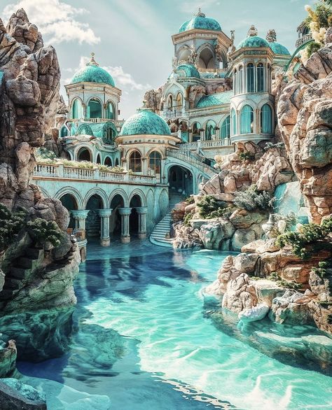 Castle House Design, Art Plage, Underwater House, Planet Coaster, Island Villa, Watercolor Architecture, Casas The Sims 4, Ancient Mythology, Fantasy City