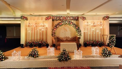 Elegant Engagement Decor #muslimwedding Banquet Hall Decoration For Engagement, Christian Engagement Decorations, Kerala Christian Wedding Stage Decor, Wedding Reception Backdrop Elegant, Wedding Bg, Reception Background, Christian Engagement, Marriage Hall Decoration, Christian Wedding Dress