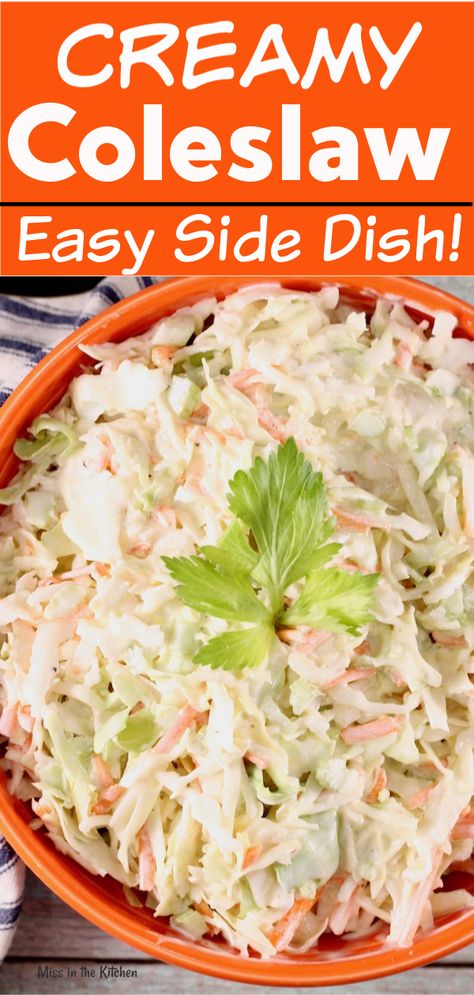 Creamy Coleslaw {Easy Recipe} ~ Miss in the Kitchen Creamy Slaw, Cabbage Dishes, Barbecue Side Dishes, The Perfect Salad, Easy Coleslaw, Coleslaw Recipe Easy, Perfect Salad, Pasta Side Dishes, Creamy Coleslaw