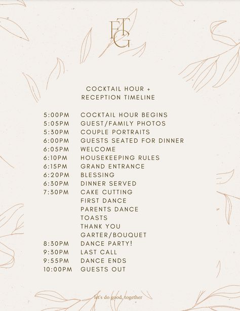 The Perfect Party: Sample Timeline for Cocktail Hour and Reception — For The Good Weddings and Events Ceremony Cocktail Hour, What To Do During Cocktail Hour, Small Wedding Cocktail Hour, Reception Event Ideas, Cocktail Wedding Reception Timeline, Happy Hour Wedding Reception, Non Alcoholic Cocktail Hour Wedding, Cocktail Hour Alternatives, Cocktail Party Reception