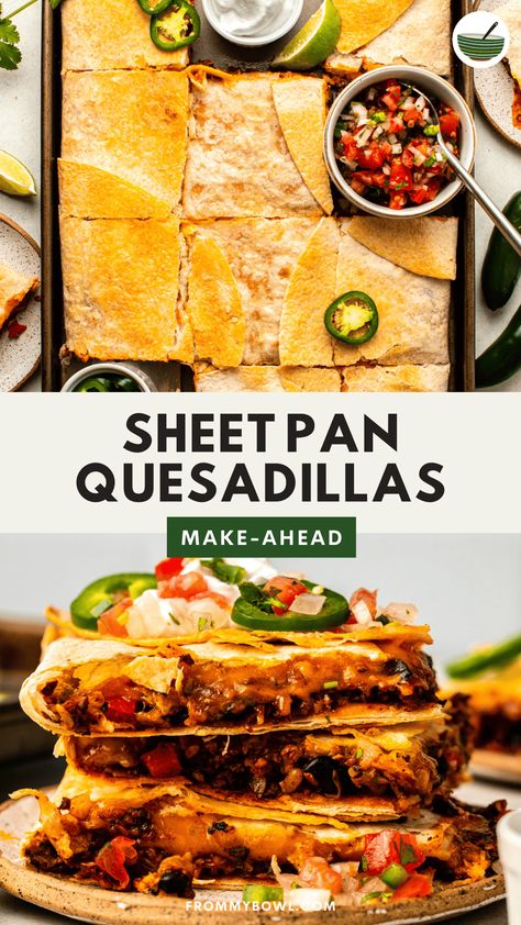 These party-sized Vegan Quesadillas are stuffed with a veggie, vegan meat, and dairy-free cheese filling and baked on one sheet pan. Great for make-ahead lunches! Vegan, Gluten-Free Option. Sheet Pan Quesadillas, Vegan Taco Meat, Vegan Sheet Pan, Vegan Quesadillas, Vegan Tacos Meat, Vegan Ground Beef, Vegan Taco, Vegan Meat, Healthy Plant Based Recipes