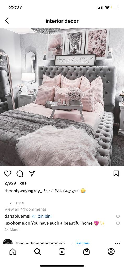 Grey Glam Bedroom Ideas, Glam Bedroom Decor Pink, Pink And Gray Bedroom, Gray Bedroom Decor, Pink Gray Bedroom, Grey And Gold Bedroom, Dusty Pink Bedroom, Blush Bedroom, Pink And Grey Room