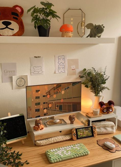 Cute Cozy Gaming Setup, Science Desk Decor, Cozy Wfh Office, Colourful Aesthetic Room, Cozy Bedroom Desk Ideas, Boho Computer Room, Earth Tone Desk, Cute Aesthetic Desk Setup, Earthy Study Room