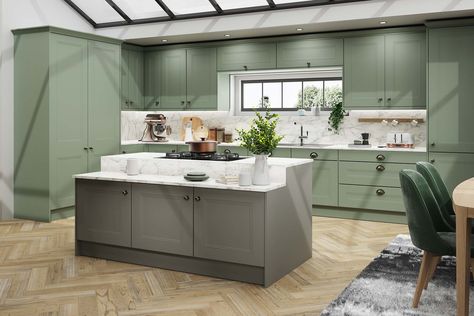 Green Kitchen Cupboards, Kitchen Pullout, Granite Transformations, Fitted Kitchens, Sage Green Kitchen, Quartz Worktops, Kitchen Styles, Kitchen Cupboard Doors, Kitchen Makeovers