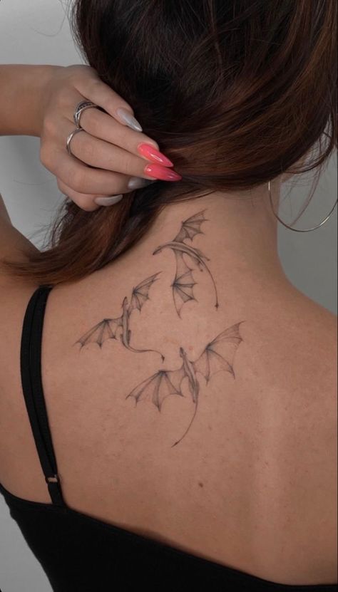 Dragons On Back Tattoo, Three Dragon Tattoo, Fourth Wing Dragon Tattoo, Dragon Tatoos Woman, Bowtruckle Tattoo, Hip Dragon Tattoo, Dragon Minimalist Tattoo, Dragon Ear Tattoo, Delicate Dragon Tattoo