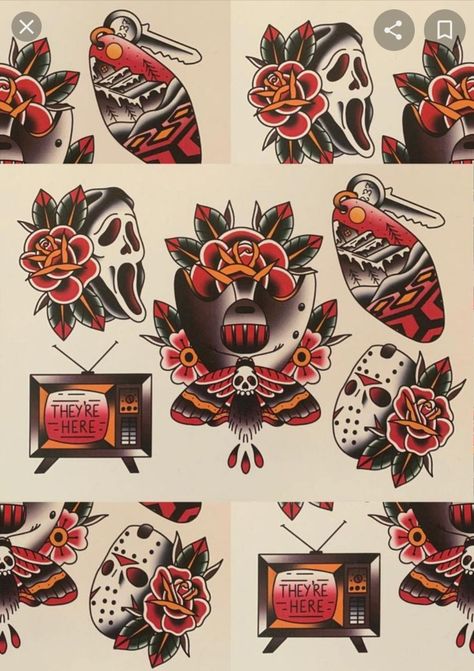 Traditional Tattoo Halloween, Halloween Tattoo Flash, Traditional Tattoo Flash Sheets, Tato Flash, Tato Tradisional, Horror Tattoos, Horror Movie Tattoos, Traditional Tattoo Flash Art, Traditional Tattoo Inspiration